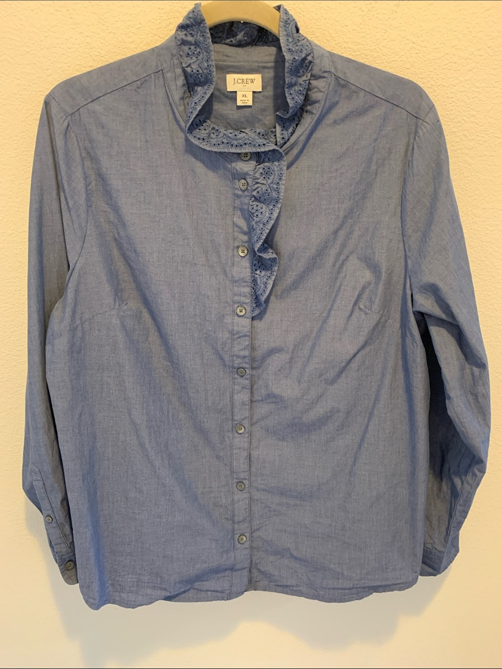 J. Crew Blue Ruffle Collar Chambray Shirt